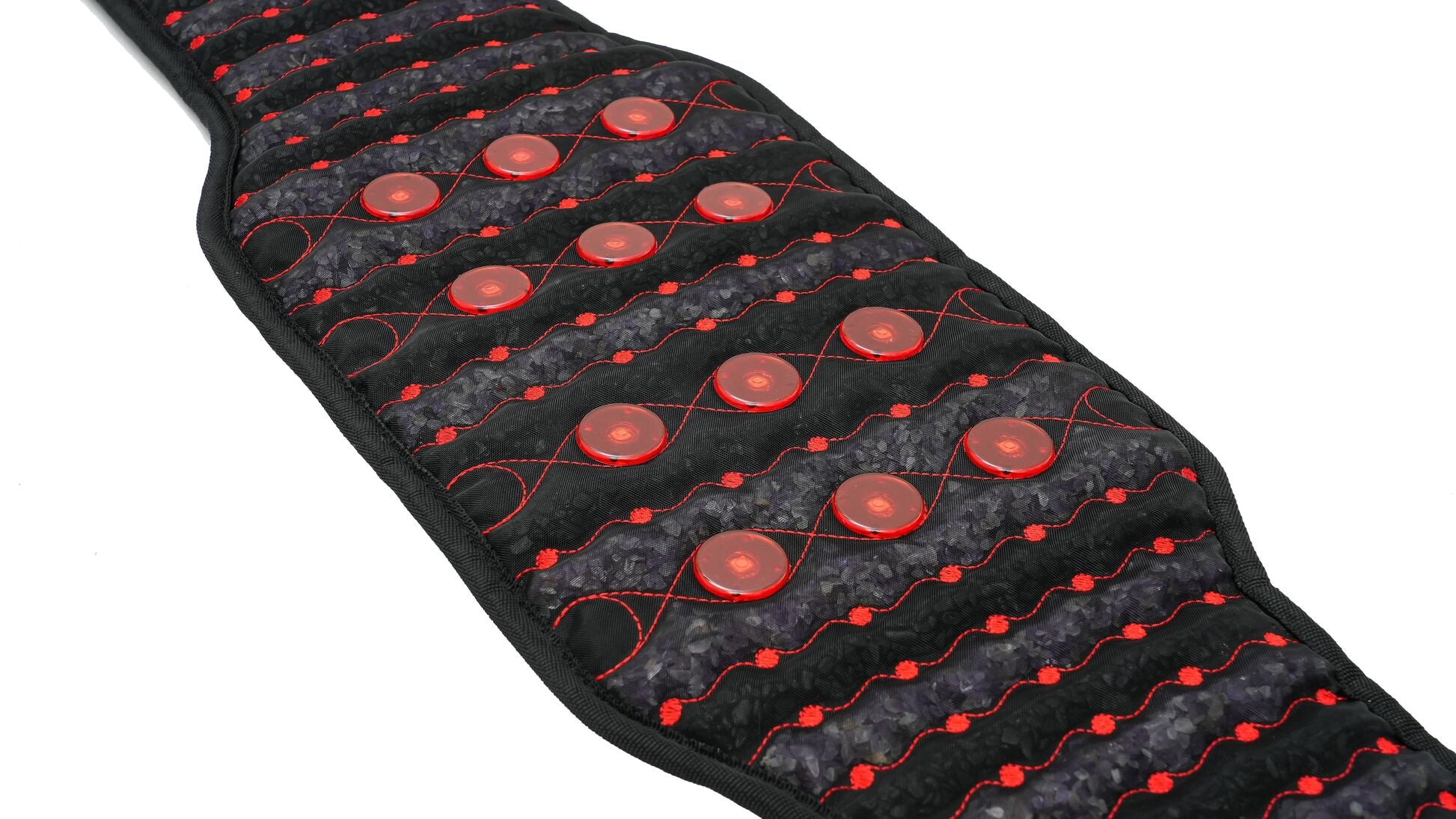 Angled view of the Hooga PEMF Belt interior showing 12 illuminated 660nm red light photons across the black amethyst-filled surface
